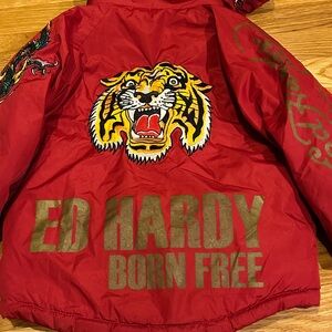 Ed Hardy Kids Red Embroidered Jacket with Tiger Design preowned size 4/5 Unisex